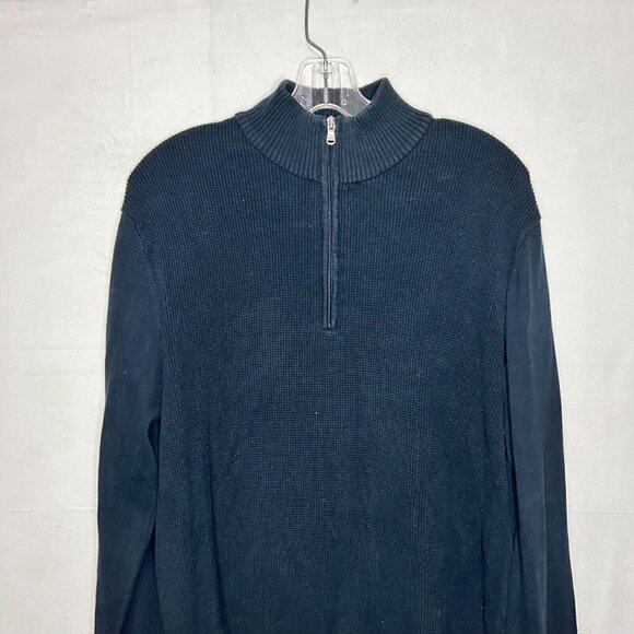 Michael Kors Navy Ribbed Mock Neck Long Sleeve 1/4 Zip Pullover Sweater Sz M - Picture 2 of 5